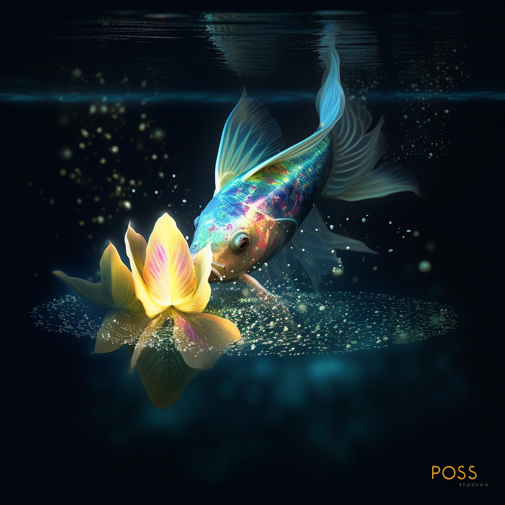 A Pisces symbolic fish swimming around water lily adorned gemstones