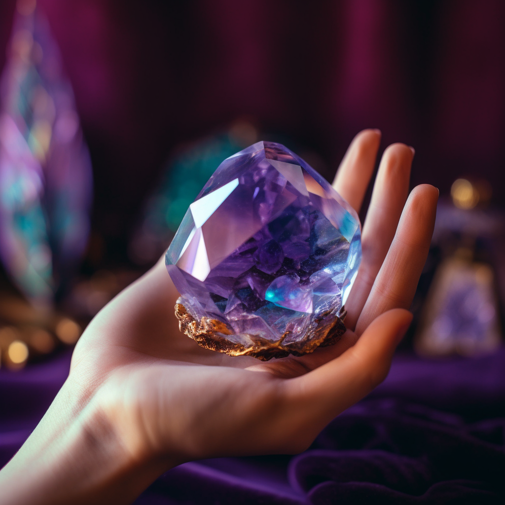 A close up of a persons hand holding an Amethyst crystal
