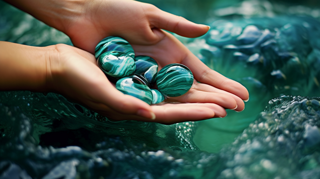 A close up of hands holding a beautiful multifaceted Malachite gemstone