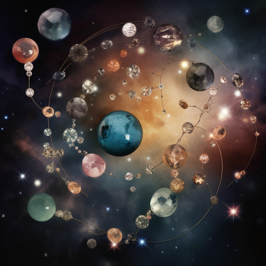 A constellation of the Cancer zodiac sign glowing above an assortment of gemstones