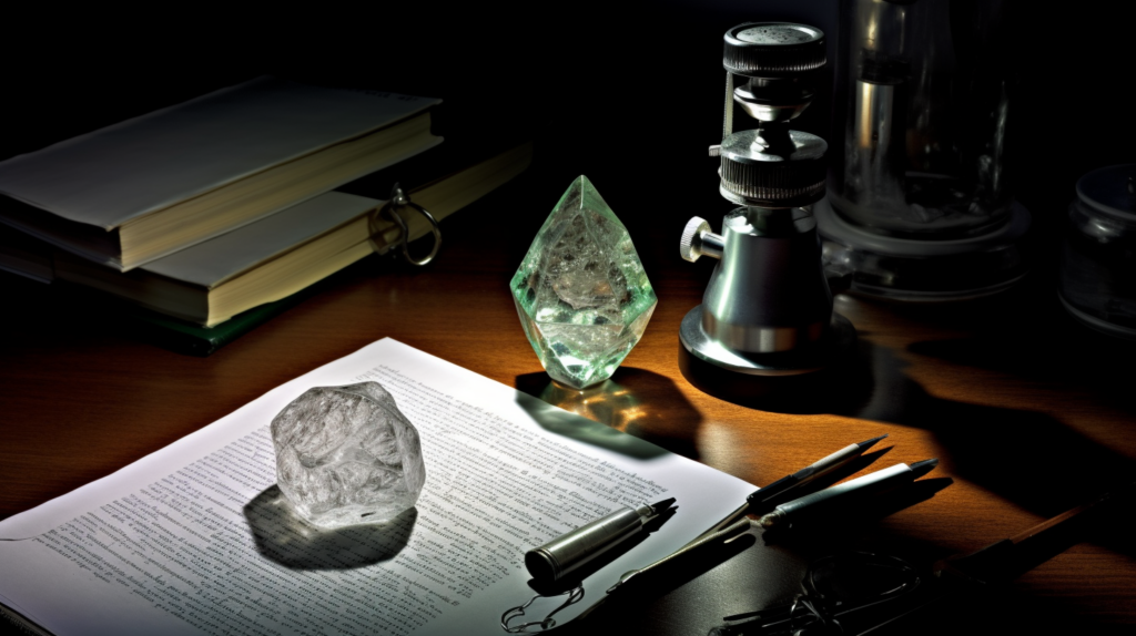 A crystal placed alongside a microscope and scientific papers