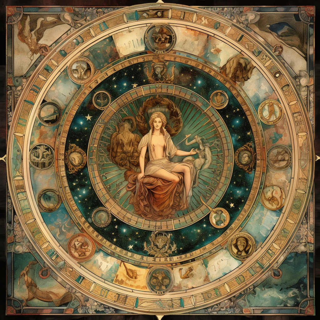 A detailed zodiac wheel with Virgo and its corresponding gemstones