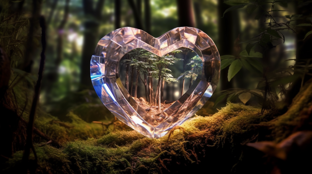 A glowing heart shaped crystal hovering in the middle of a tranquil forest