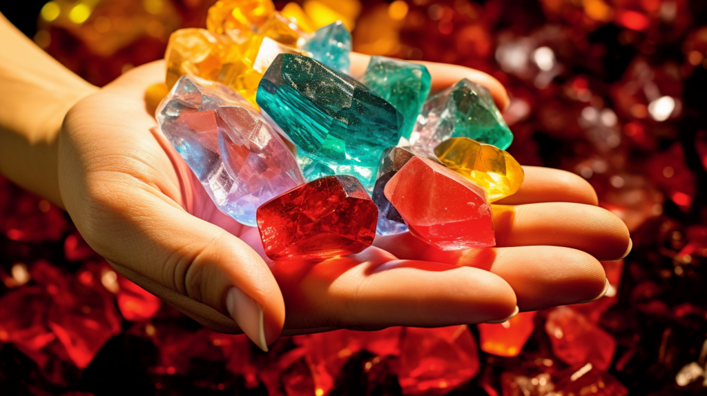 A hand holding an array of crystals
