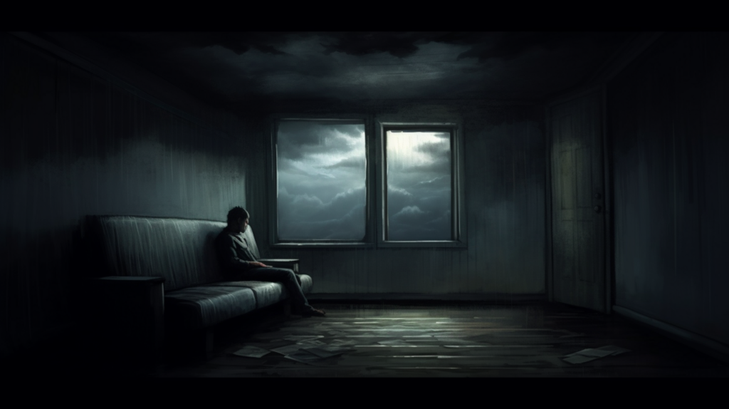 A human figure seated in a dark room appearing visibly sad