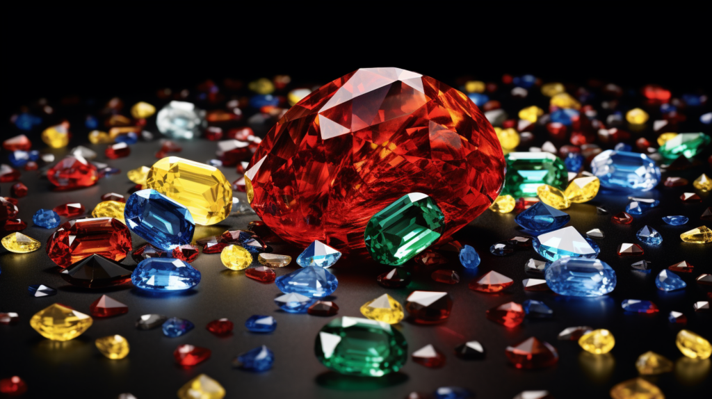 A large radiant diamond and several smaller colorful gemstones scattered around it
