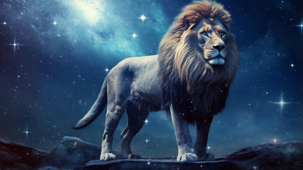 A majestic lion against a starry sky with the Leo constellation