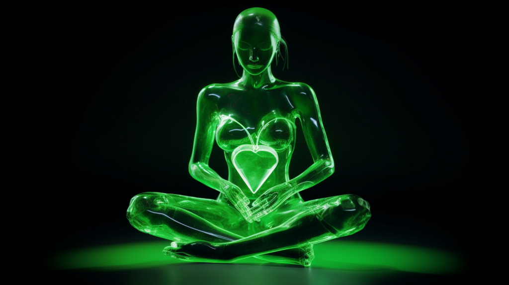 A meditating figure with a glowing green heart chakra