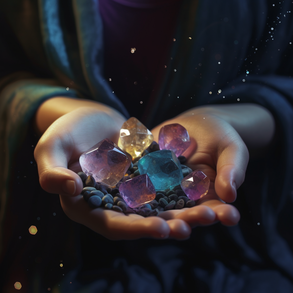 A pair of hands holding a cluster of Cancer zodiac gemstones