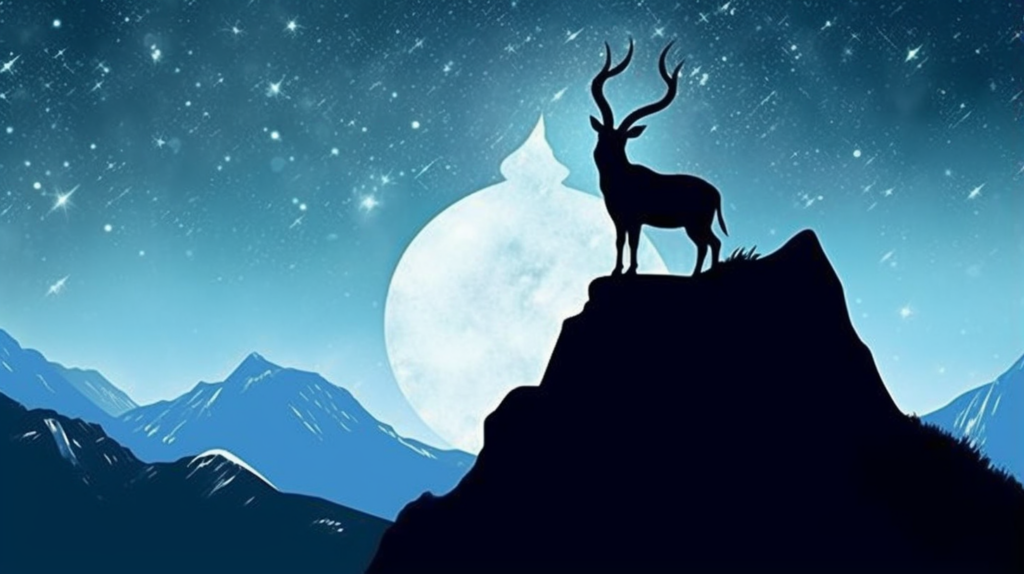 A silhouette of a goat Capricorn symbol climbing a mountain with a celestial backdrop