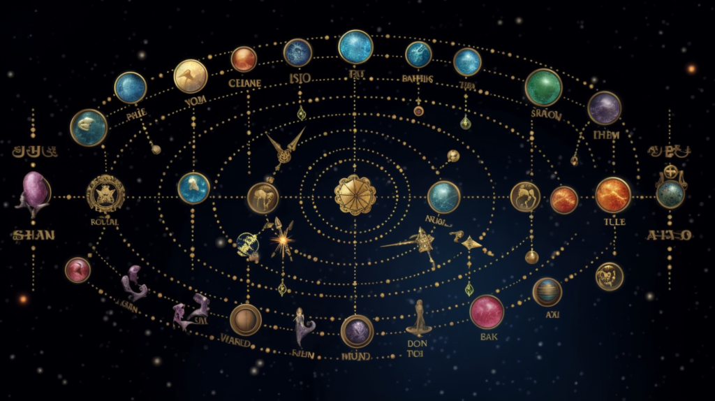 A stylized depiction of the Scorpio constellation with various Scorpio gemstones