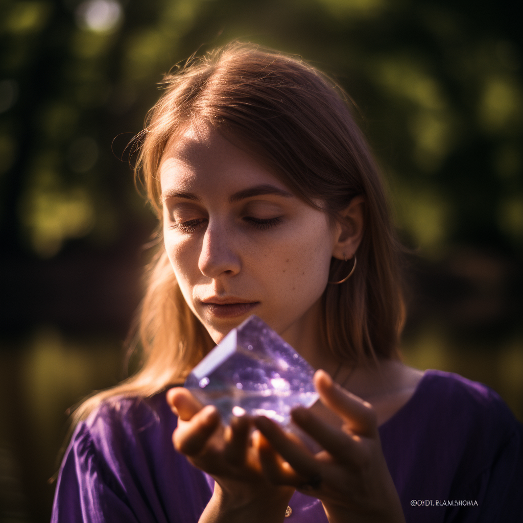A thoughtful Aquarius individual holding an amethyst crystal