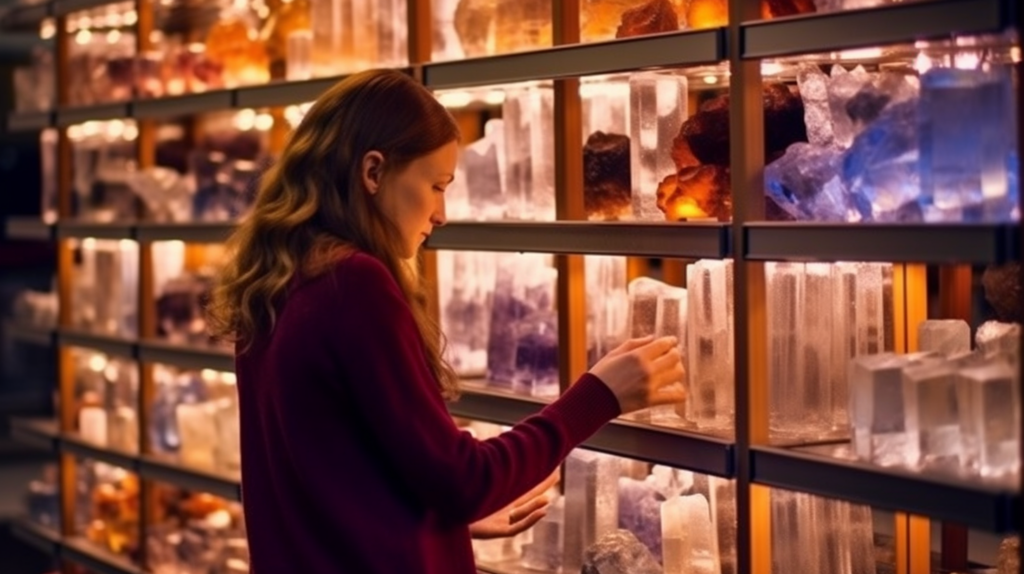 A woman choosing a crystal from a collection