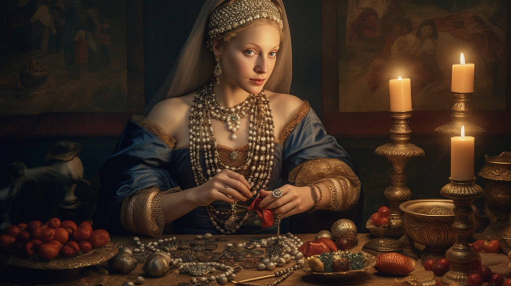 A woman wearing traditional jewelry, adorned with various rare gemstones