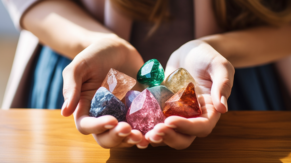 A womans hand delicately holding a variety of brightly colored crystals