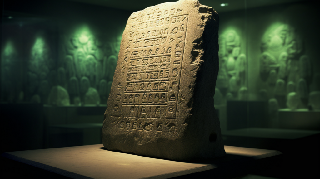 An ancient stone tablet with inscribed symbols depicting people meditating with crystals