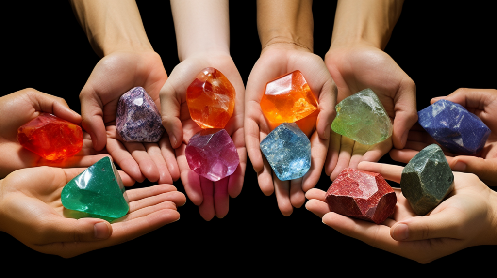 Diverse individuals holding their favorite crystals