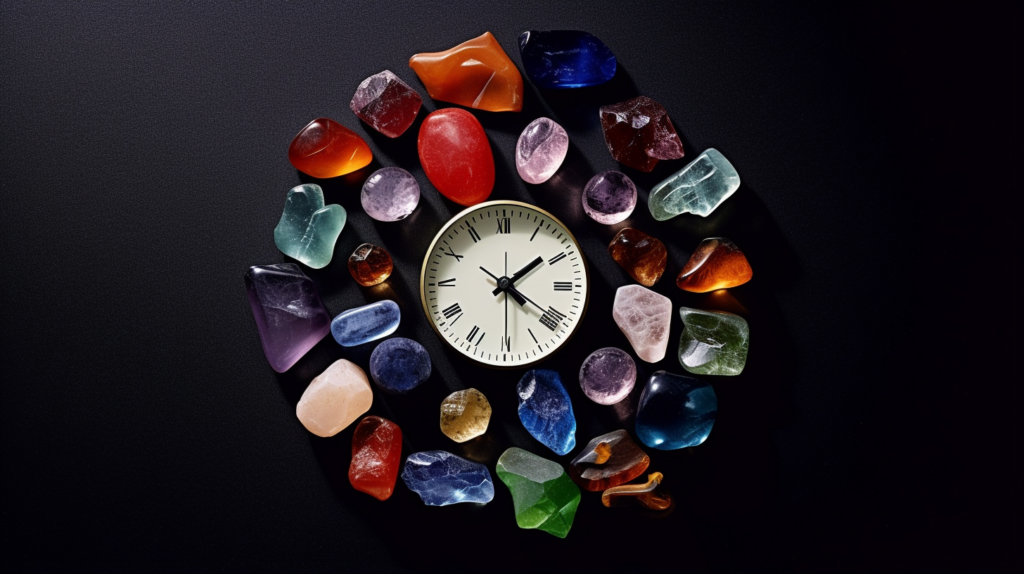 Various birthstones arranged in a circle resembling a clock or calendar year