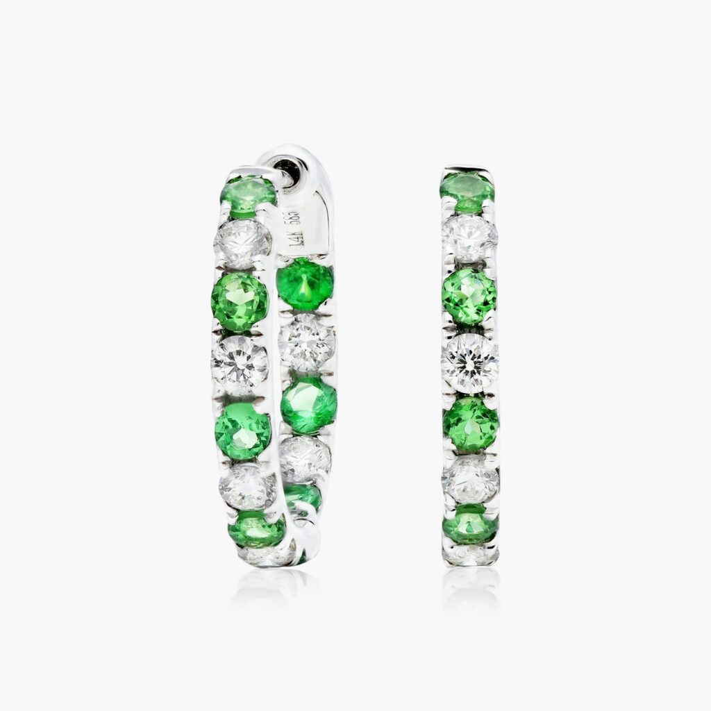 14K White Gold Inside Out Tsavorite and Diamond Round Hoops