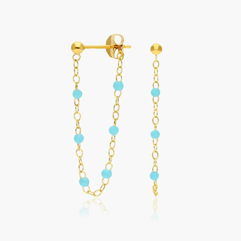 14K Yellow Gold Front To Back Turquoise Enamel Bead Earrings