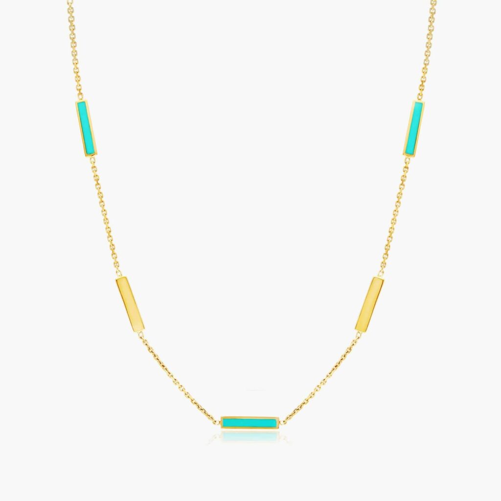 14K Yellow Gold Turquoise Enamel Bar Necklace