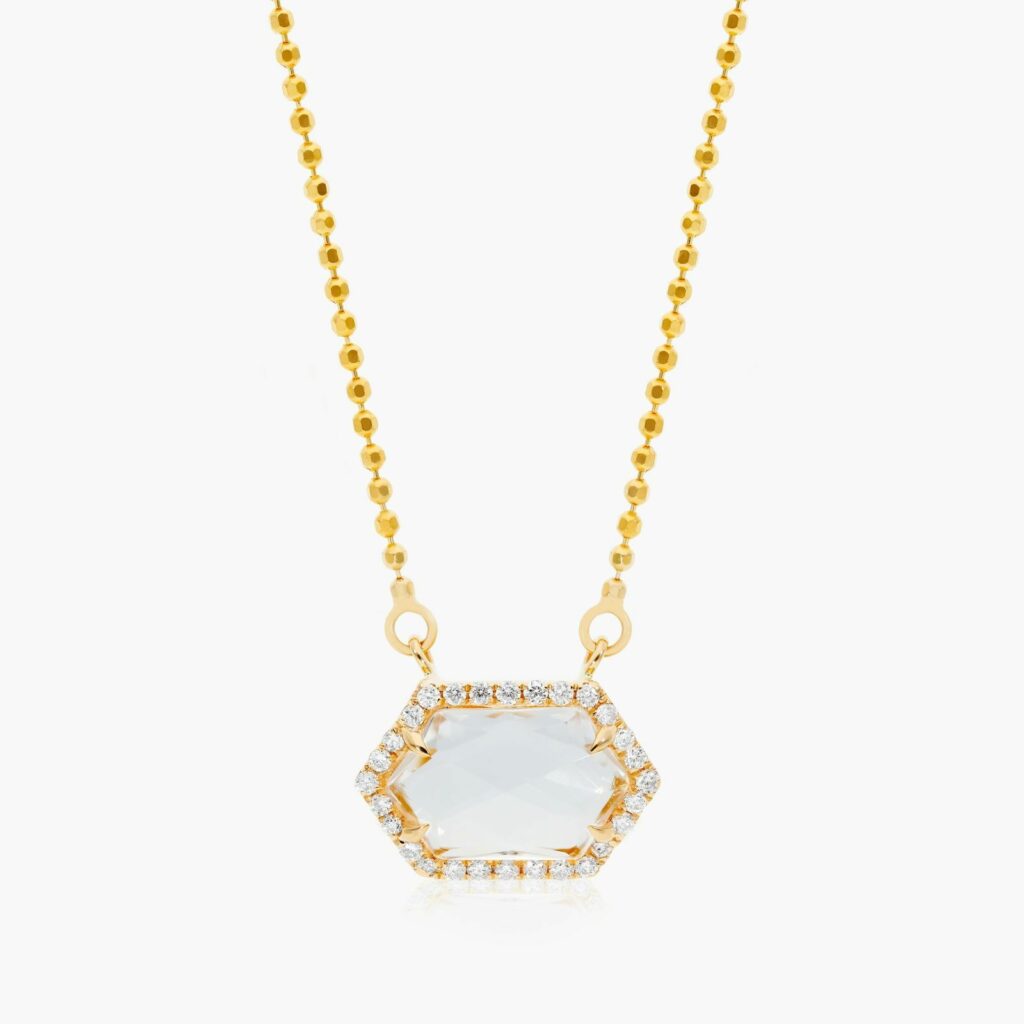 14K Yellow Gold White Topaz Hexagon With Diamond Halo Necklace