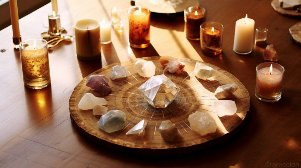 A beautifully arranged crystal grid featuring a mix of the crystals