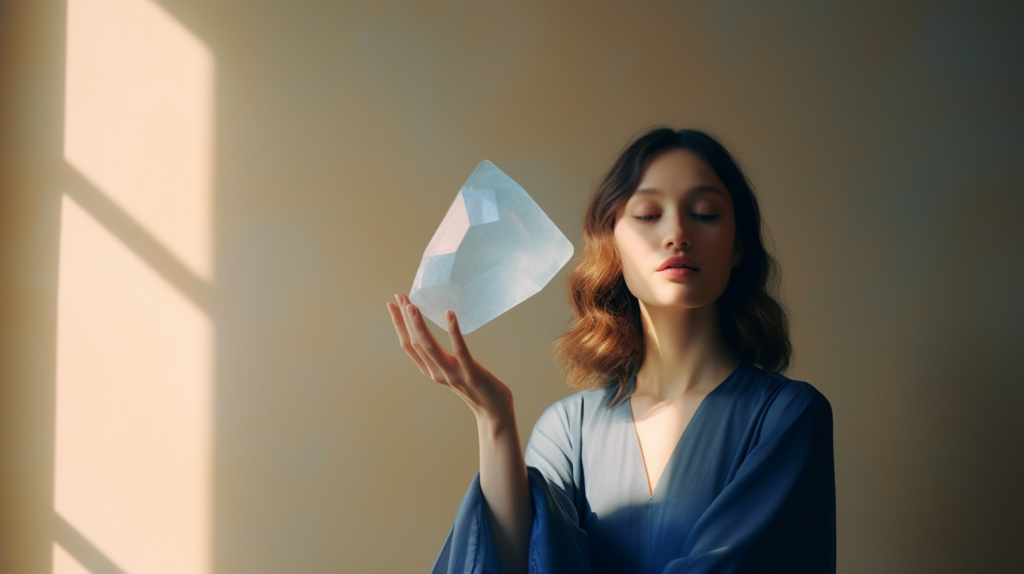 A case study participant in a peaceful state holding a blue crystal