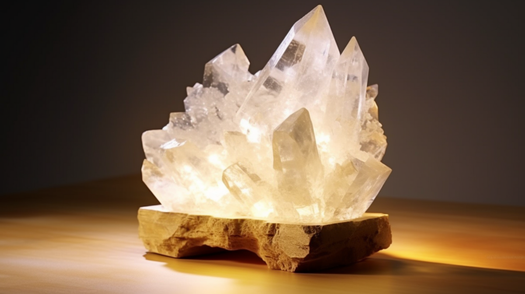 A clear quartz crystal surrounded by sparks of creative energy