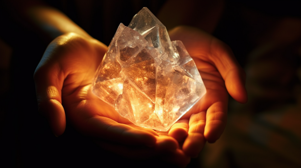 A close up of a hand holding a brilliantly glowing crystal