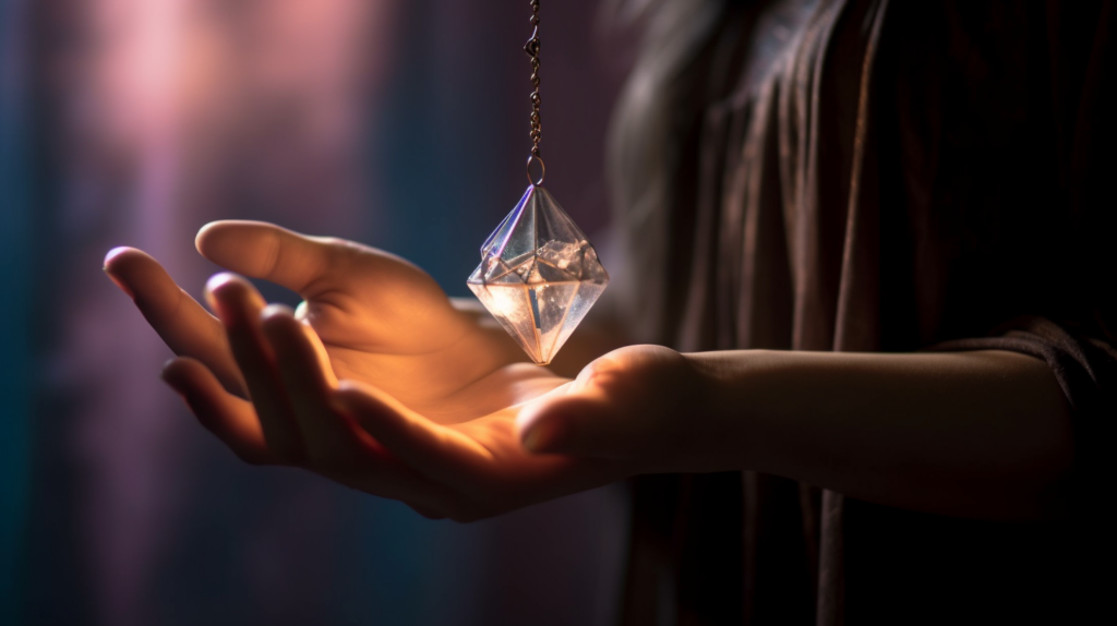 A crystal pendulum held over a persons hand