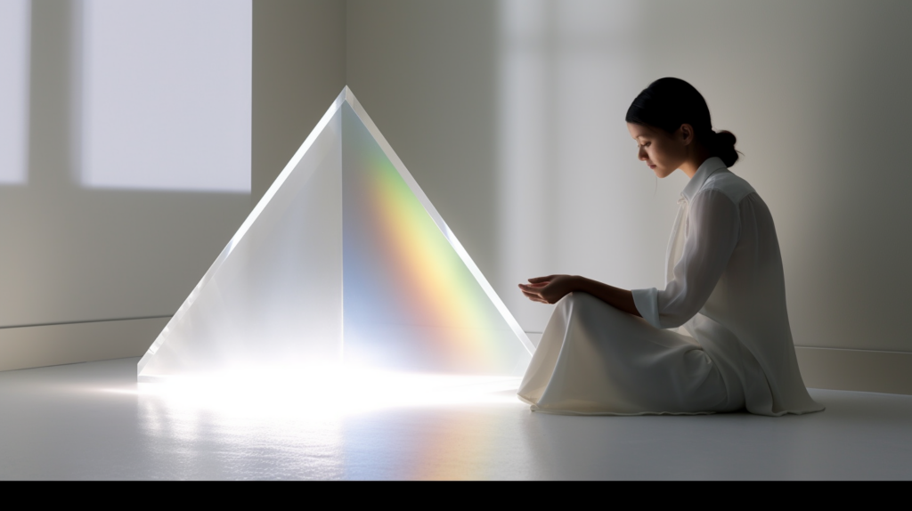 A crystal prism splitting a beam of light into a rainbow spectrum symbolizing the emotional range of grief