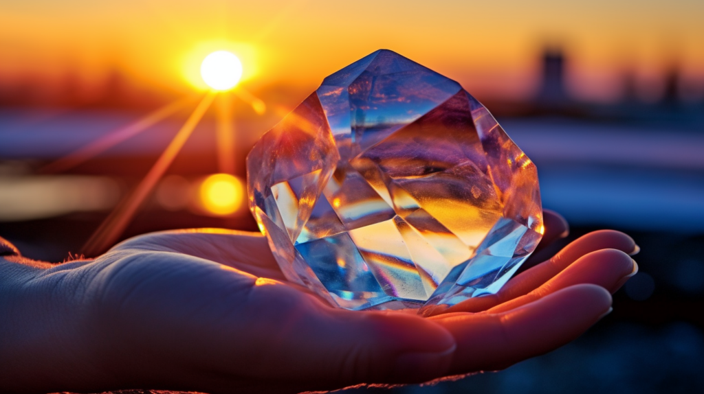A human hand holding a crystal up against a sunrise