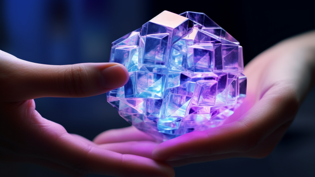 A human hand holding a crystal with an overlay of geometrical patterns