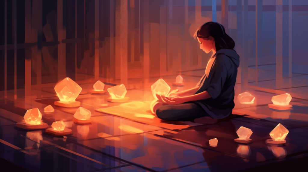 A person meditating while holding a crystal 1