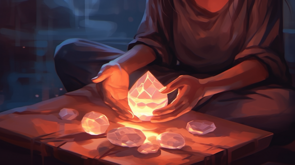 A person meditating while holding a crystal