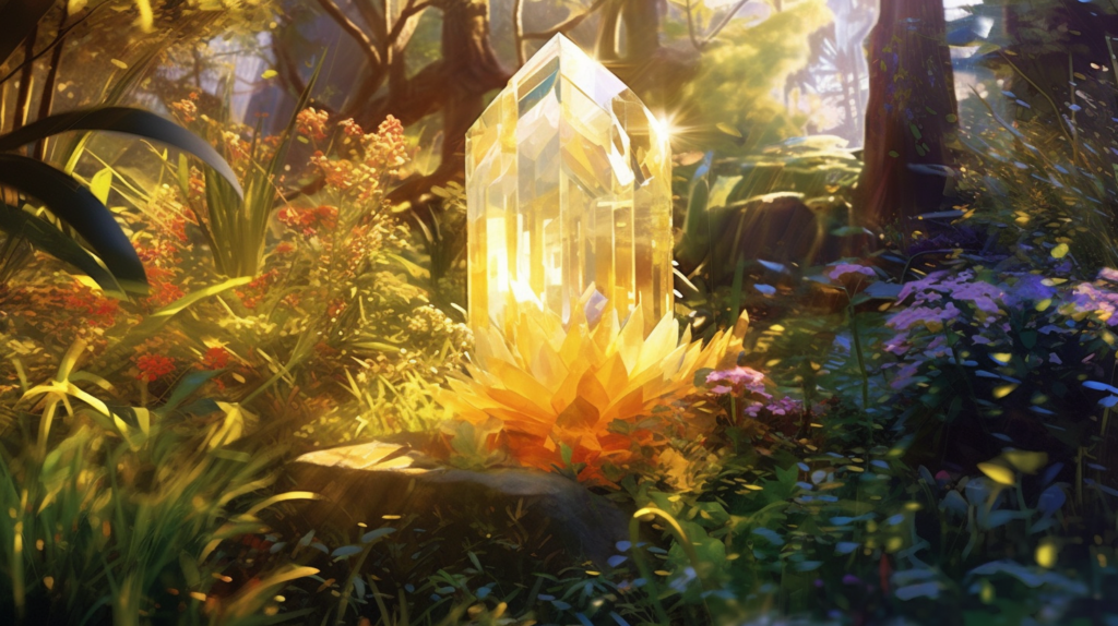 A radiant crystal in a garden filled with lush plants at sunrise