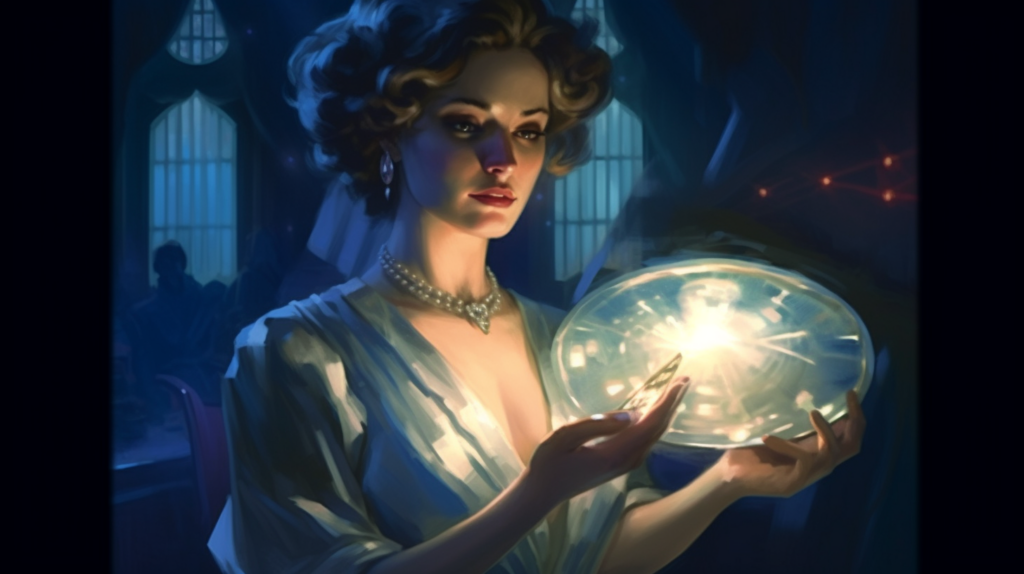 A stylized portrait of Evalyn Walsh McLean holding the Hope Diamond
