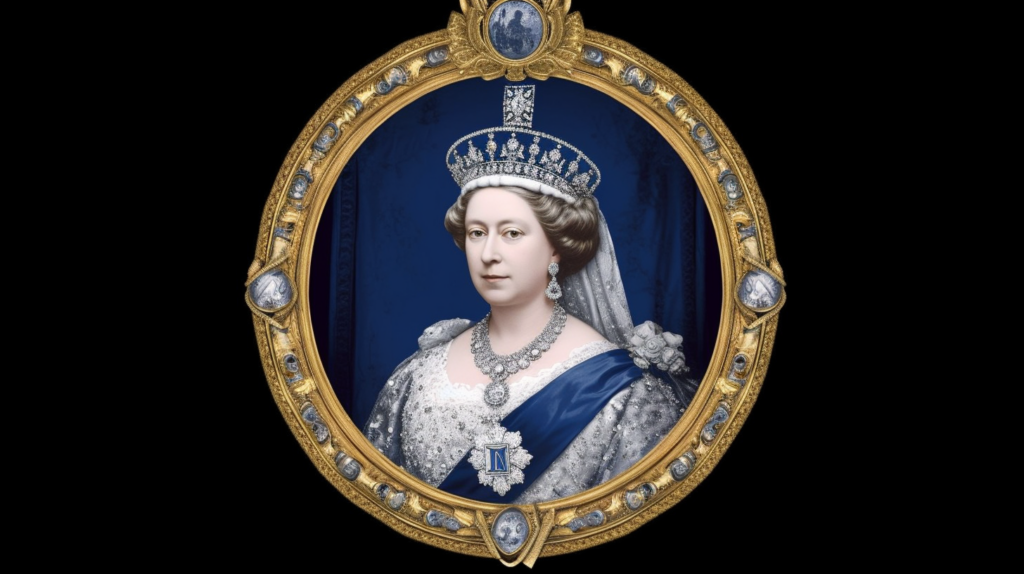 An artistic representation of Queen Victoria wearing the diamond