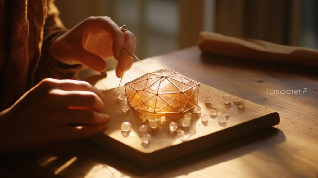 Hands delicately placing a crystal onto a geometric crystal grid