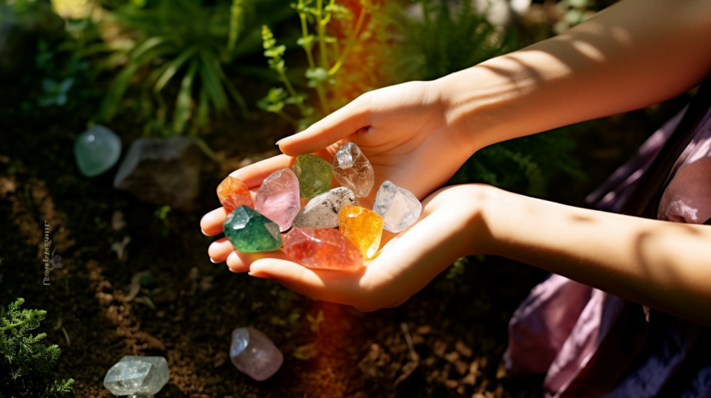 Hands holding different colored crystals for each chakra point on a human body