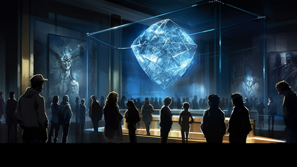 The Hope Diamond encased in a museum exhibit with silhouettes of awestruck visitors