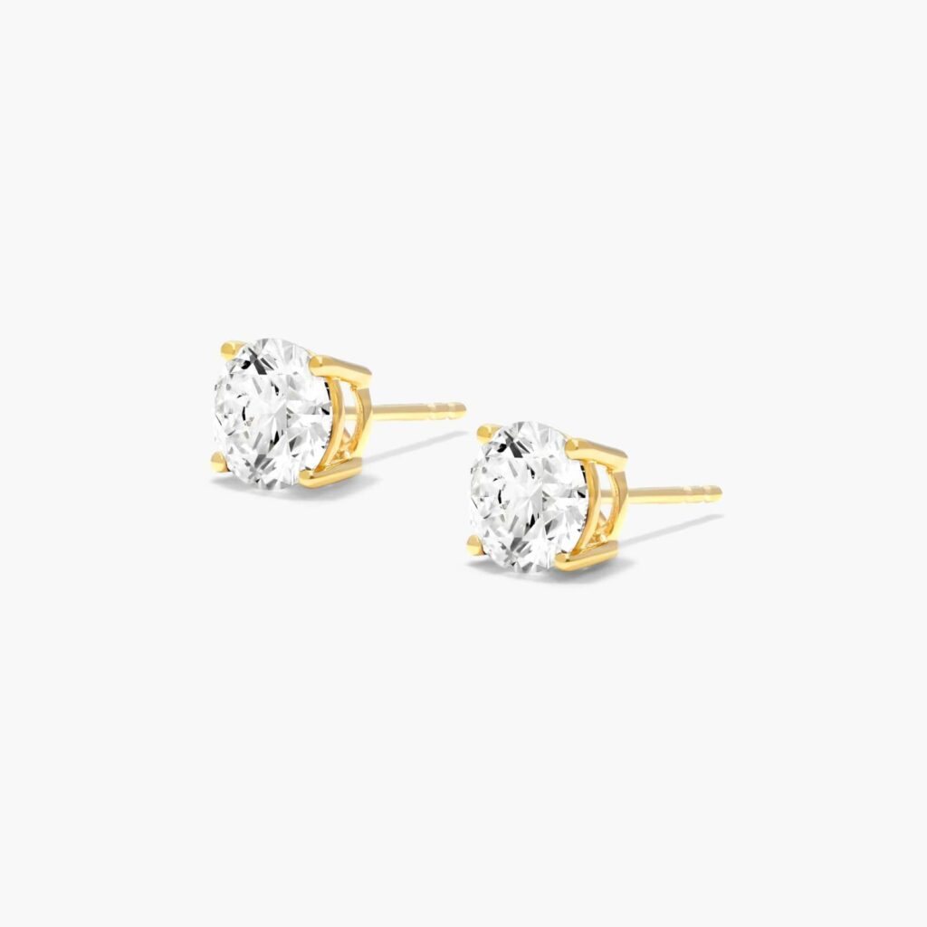 14K Yellow Gold Four Prong Round Brilliant Lab Created Diamond Stud Earrings