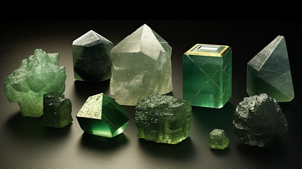 A Colloection of Seven distinct green crystals