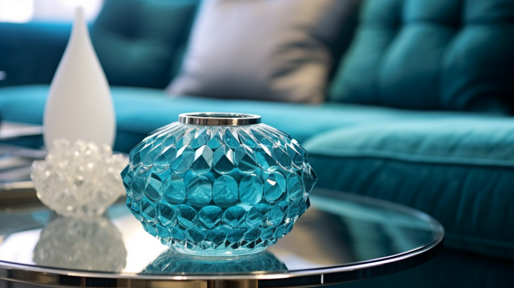 A beautiful living space incorporating teal crystals as decor elements