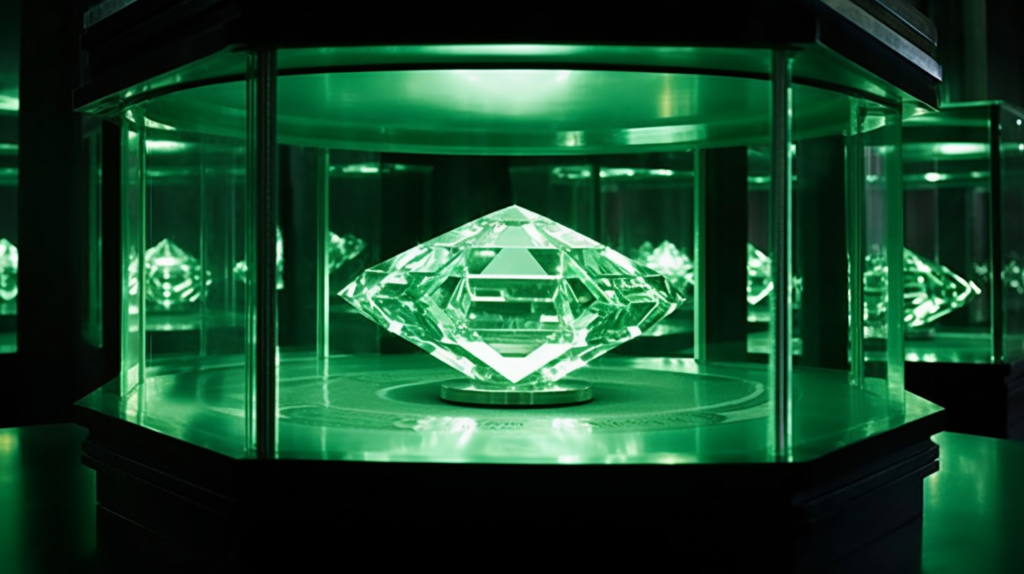 A close up shot of the Dresden Green Diamond in a modern high security display case