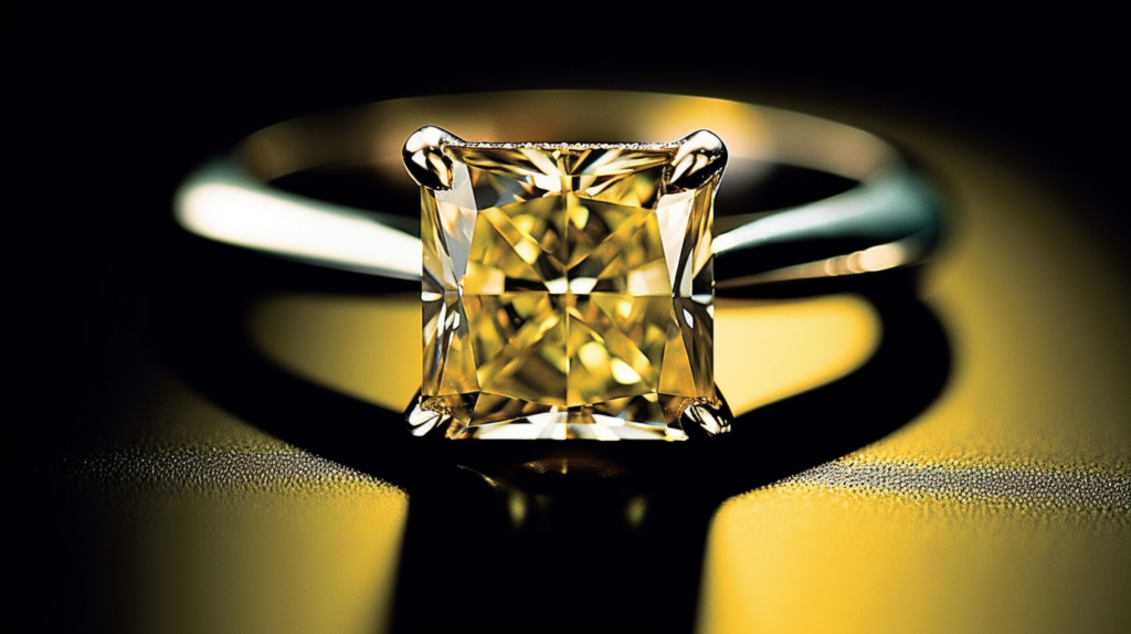 A closeup shot of a stunning yellow diamond engagement ring from Tiffany