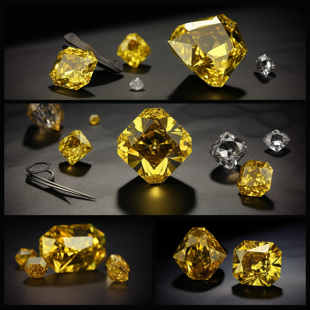 A collage of famous Fancy Vivid Yellow Diamonds including Allnatt Diamond