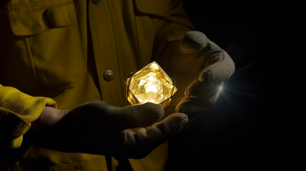 A diamond miner holding a raw yellow diamond