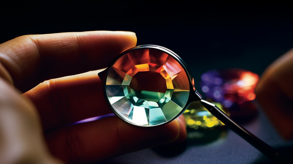 A gemologists hand holding a diamond under a loupe examining its 4 Cs Carat Color Clarity Cut